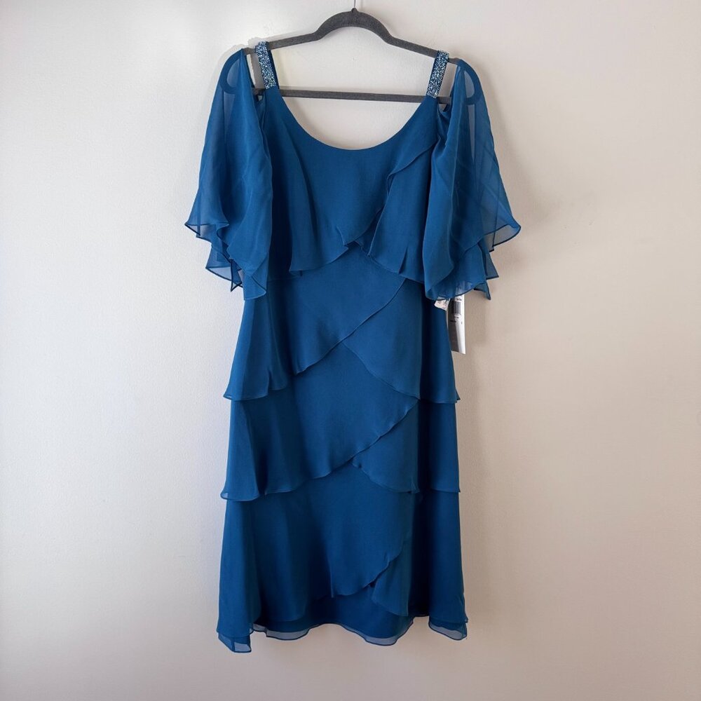 💃 NWT Alexander by Daymor Teal Cold Shoulder Tiered Dress Sz 8 –Wedding, Formal